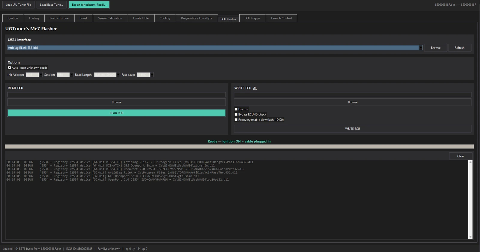 The ECU Flasher screen showing a J2534 interface selector, read and write panels with dry run and recovery options, and a debug log.