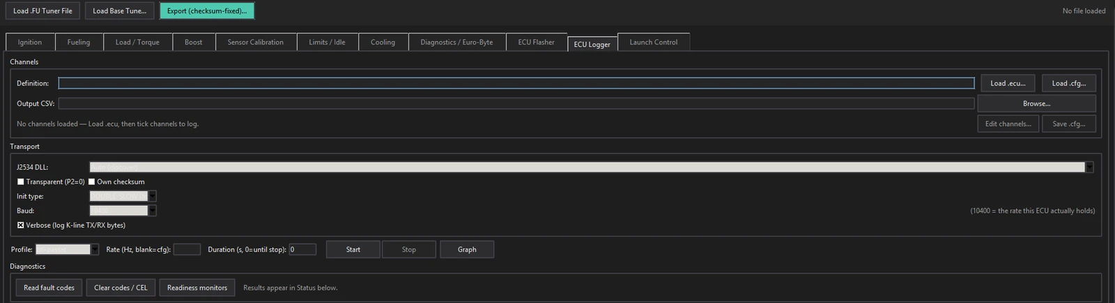 The ECU Logger screen showing definition and output file pickers, transport settings including J2534 DLL and baud rate, profile and sample rate controls, and diagnostic buttons.